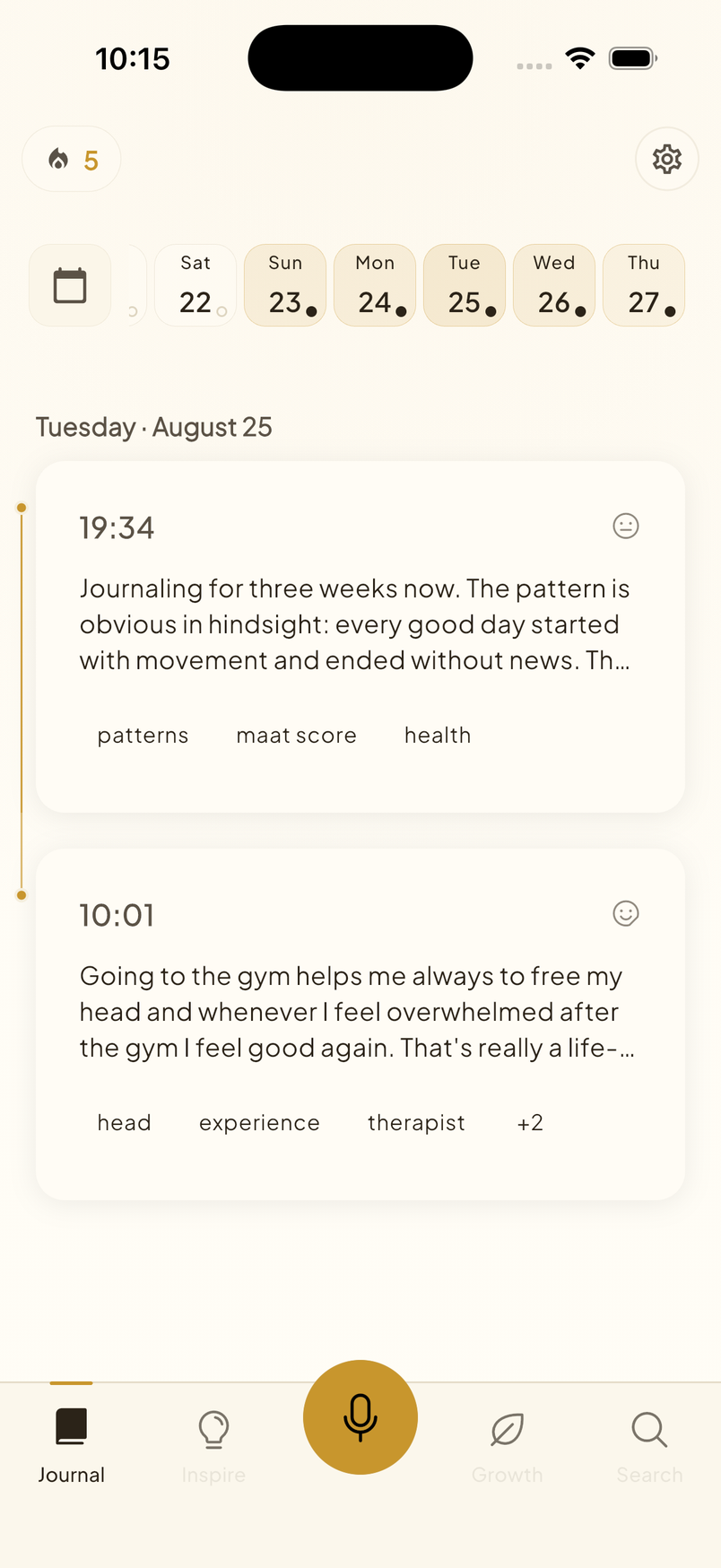 Maat Journal timeline with spoken entries, each connected by a thin gold thread